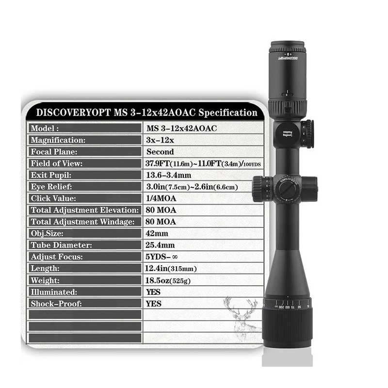 Lunettes de visée DISCOVERYOPT MS 3-12X42AOAC SFP-MOA Diamètre : 25,4 mm